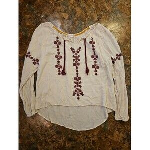 Alter'd State Blouse thin Long Sleeve Beige Maroon Embroideredflowy Medium (A70)